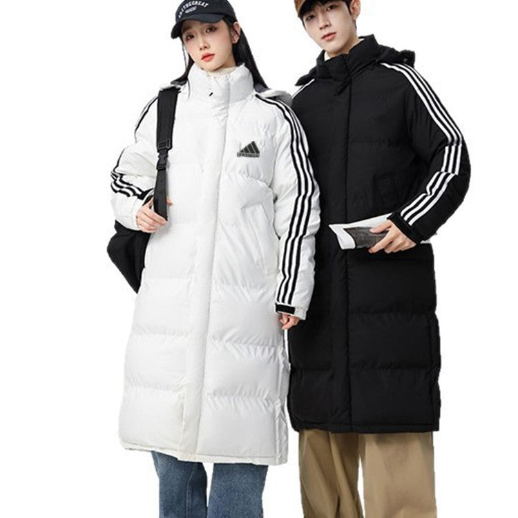 Abrigo puffer largo unisex con franjas deportivas estilo urbano