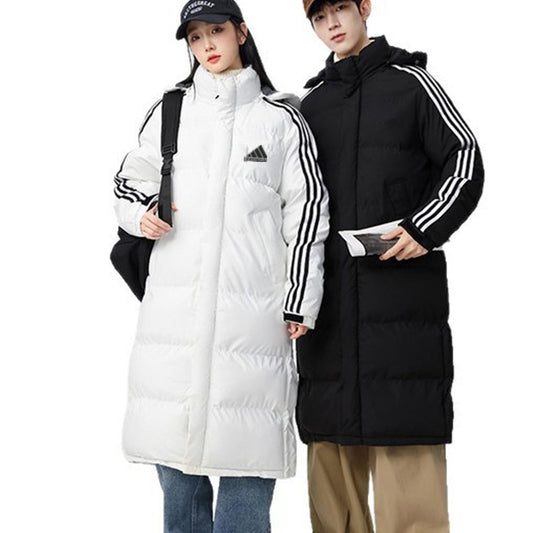 Abrigo puffer largo unisex con franjas deportivas estilo urbano